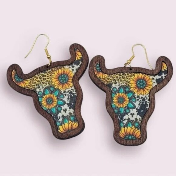 Sunflower Bull Wood Earrings Western Earrings Cowgirl Earrings Bull Head Cow - Picture 2 of 5